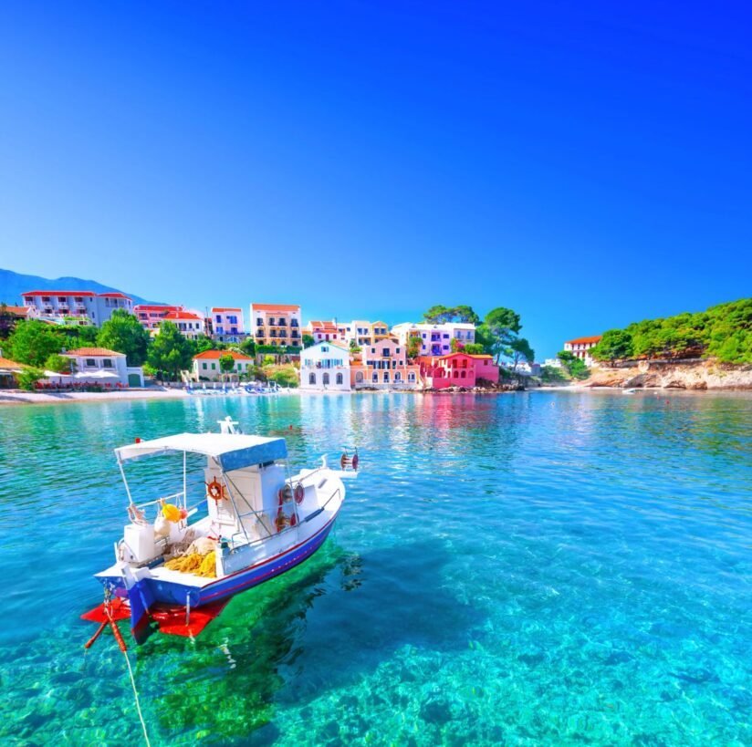 A Boat Floats In The Clear Waters Surrounding A Small Island In Kefalonia, Showcasing The Island's Natural Beauty