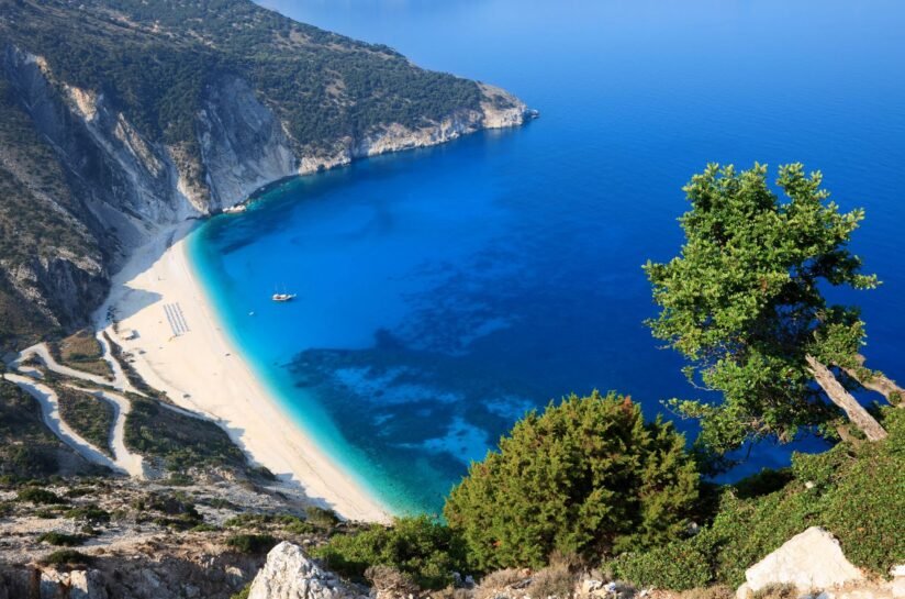 A Scenic View Of Myrtos Beach In Greece, Featuring Clear Blue Waters And Rocky Cliffs Under A Bright Sky