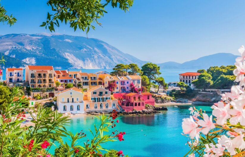 Colorful Houses Line The Coast Of A Lake In Kefalonia, Surrounded By Vibrant Flowers And Scenic Natural Beauty