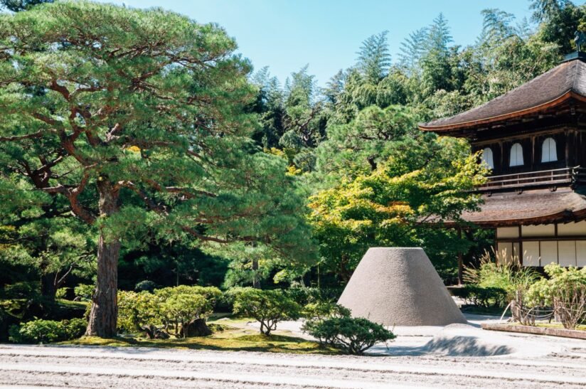 Ginkaku Ji Temple Pagoda Surrounded By Lush Trees And Rocks In A Serene Japanese Garden Setting