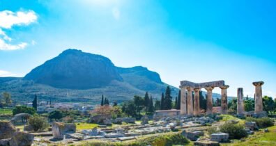 | greece remnants of the temple apollo at delphi, highlighting historical significance ancient greek civilization travel guide to corinth, history, sites & tips